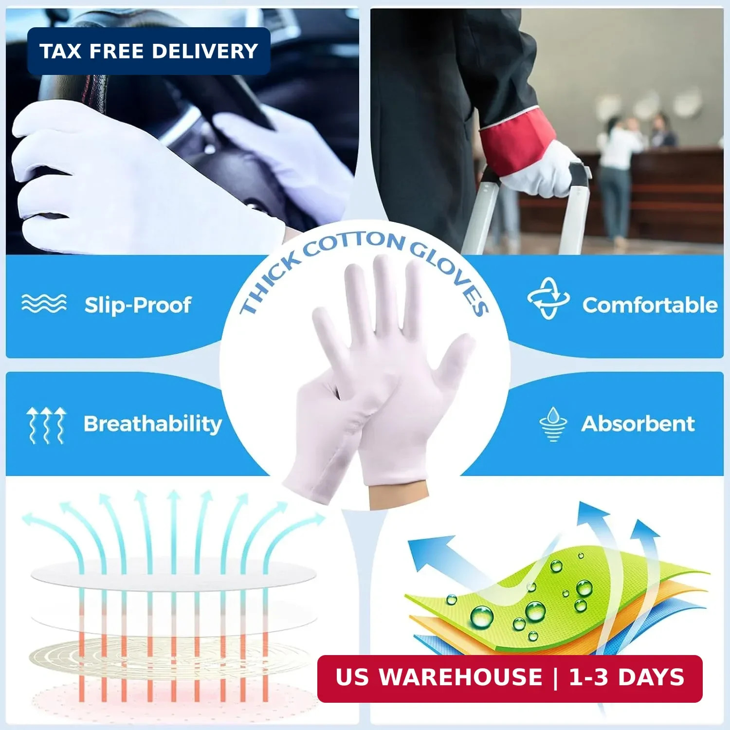 3 Pairs Cotton Gloves for Dry Hands Sleeping Women Men Jewelry Coin Inspection