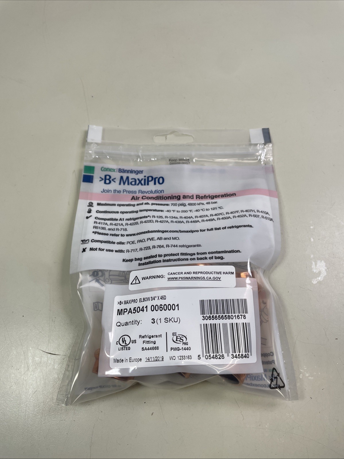 Conex B MaxiPro Press Elbow 3/4” x 45 Degrees MPA5041 0060001 Pack of 3 Fittings