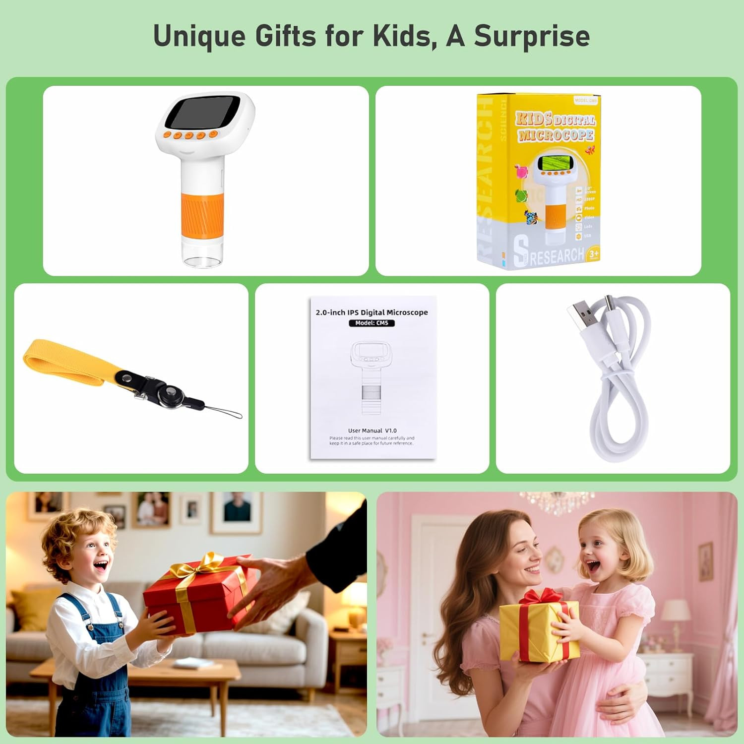 Pocket Kids Microscope for Over 3 Years Old, 1000X Handheld Microscope for Kids