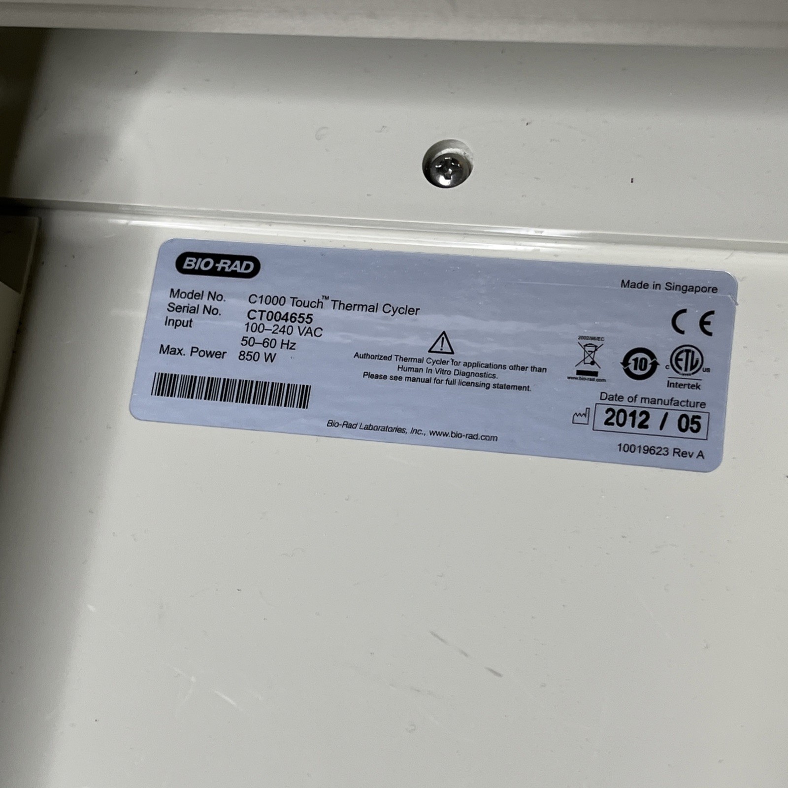 2012 BIO-RAD C1000 Touch Thermal Cycler Without Reaction Well