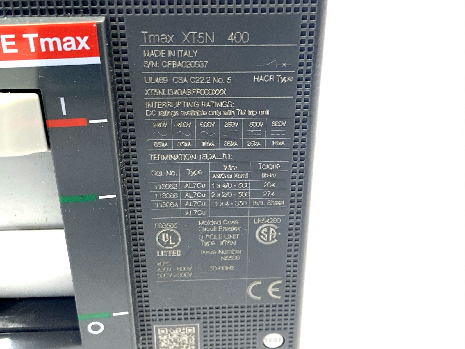 ABB XT5NU340ABFF000X00X XT5N 400 Circuit Breaker 3P 400A 1SDA102444R