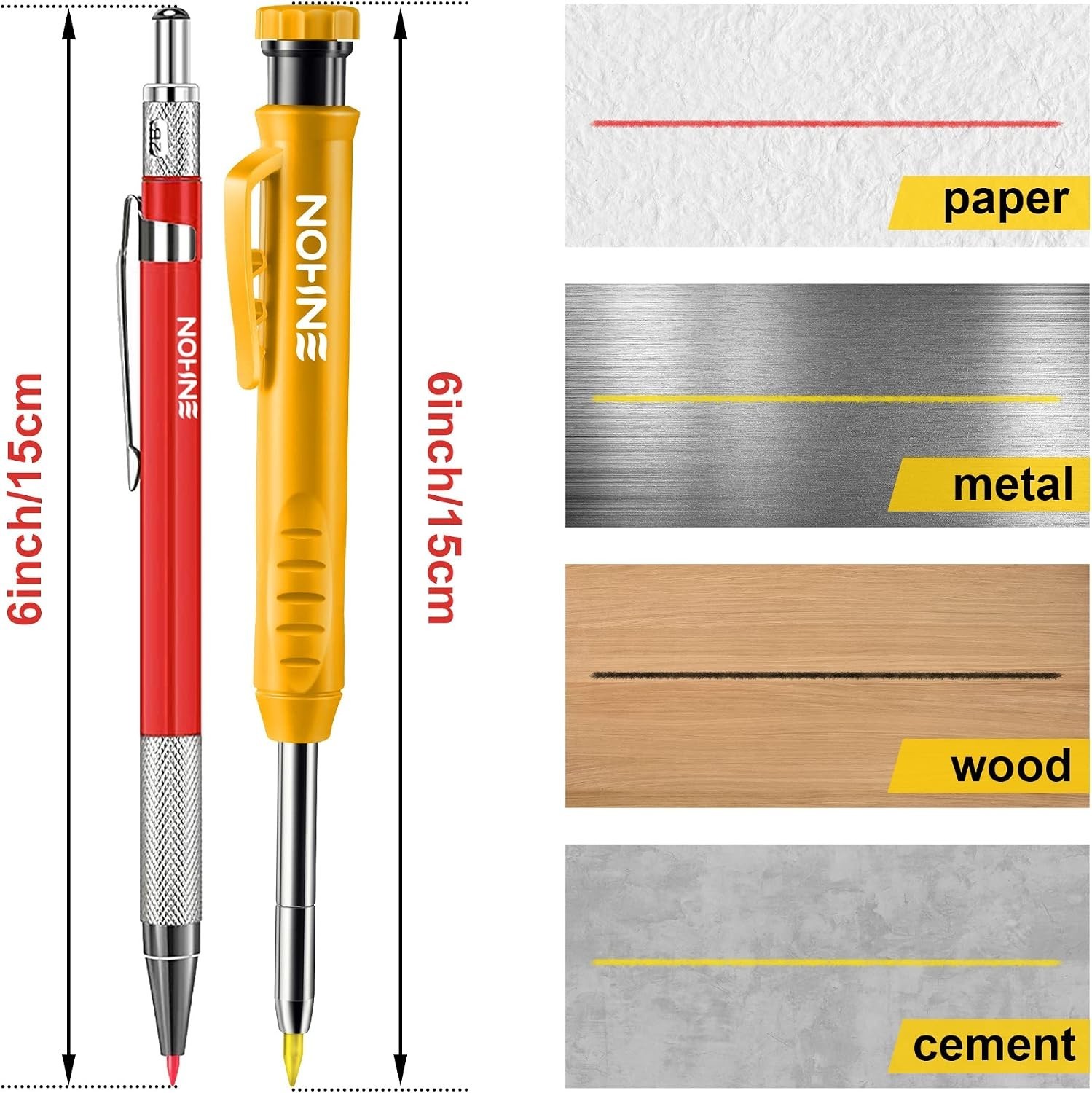 4 Pack Carpenter Pencil Set with Sharpener, Black/Red/Yellow | 45mm Deep- Tip…