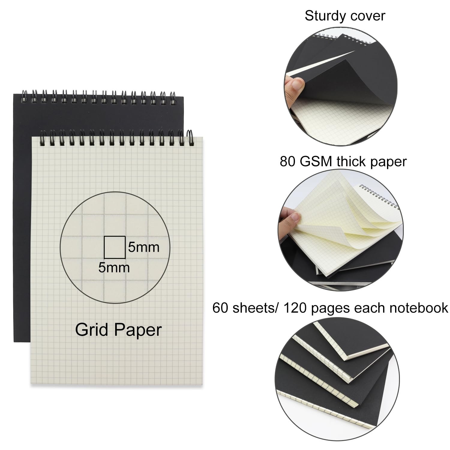 4 Pack Graph Paper Notebook, A5 Top Wirebound Grid Spiral Notebook 5.8″ x 8.3″,6