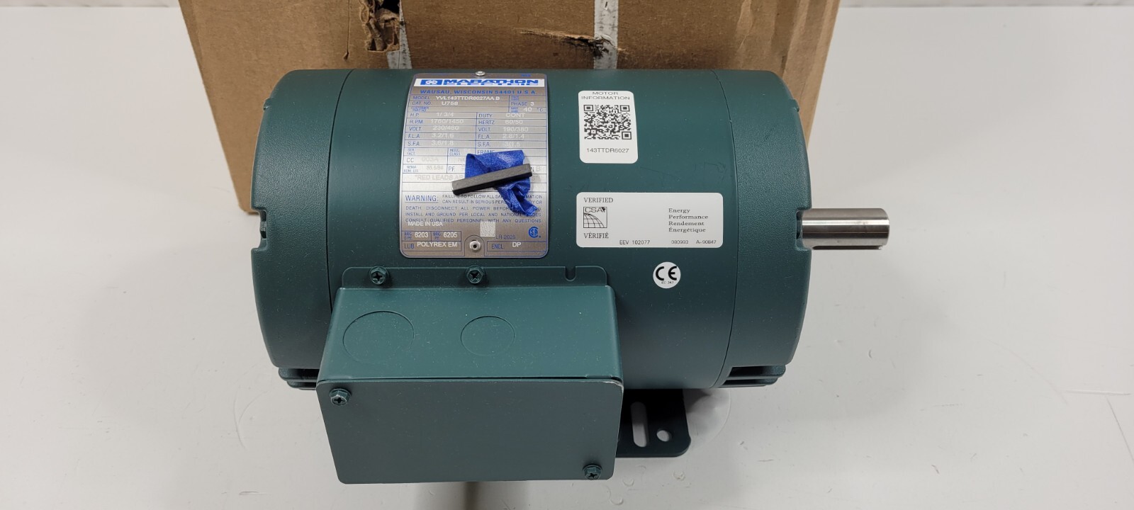 Marathon Electric Motor 1HP 3/4HP 1760RPM 1450RPM 3Ph 230/460V 143T Frame DP