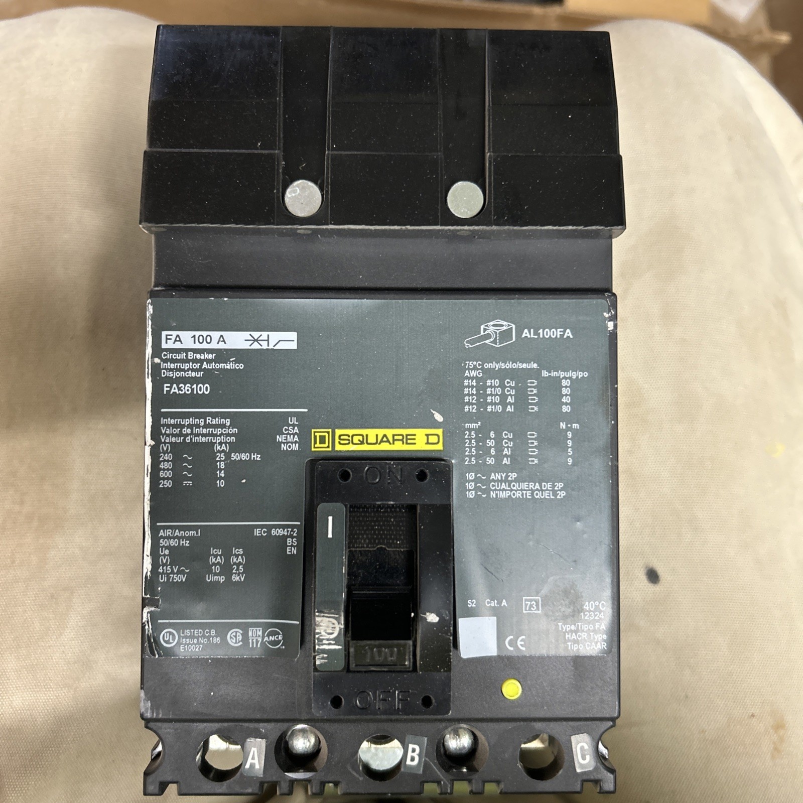 Square D 100 Amp I-Line Circuit Breaker 240 VAC 3 Pole QDA32100
