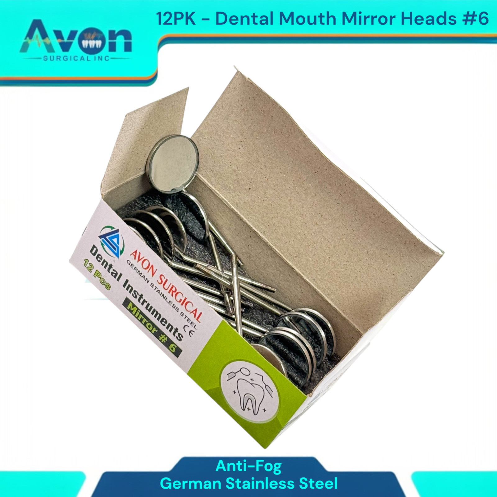 #6 Mouth Mirror Heads for Oral Examinations, Cone Socket, Anti-Fog – Pack of 12