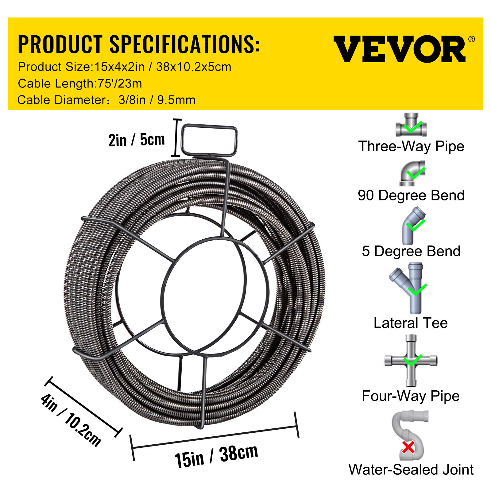 VEVOR Drain Cable Sewer Cable 75Ft 3/8In Drain Cleaning Cable Auger Snake Pipe