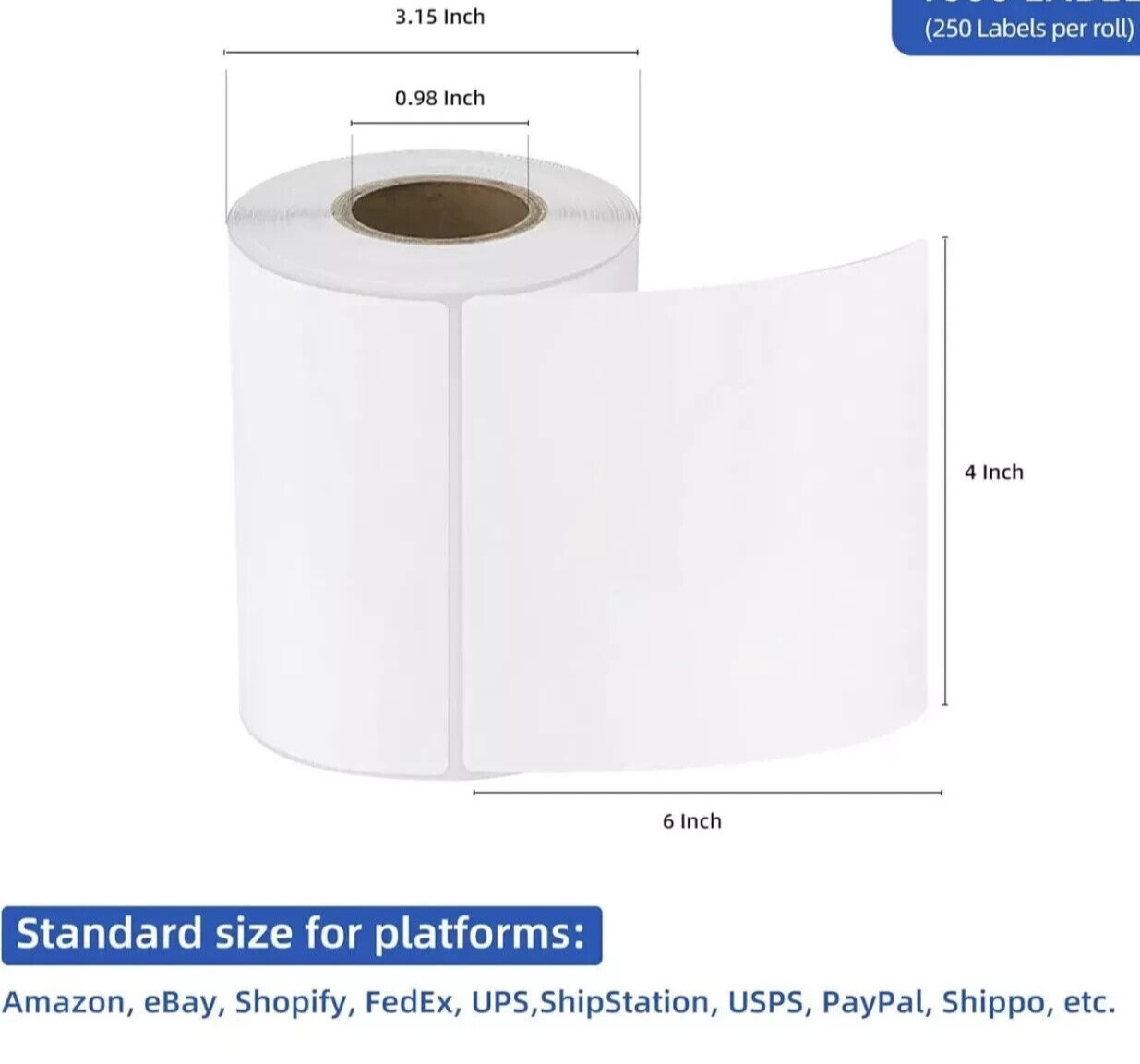 ONE Roll/250 PER ROLL 4×6 Direct Thermal Shipping Labels 250 per Roll/250 labels