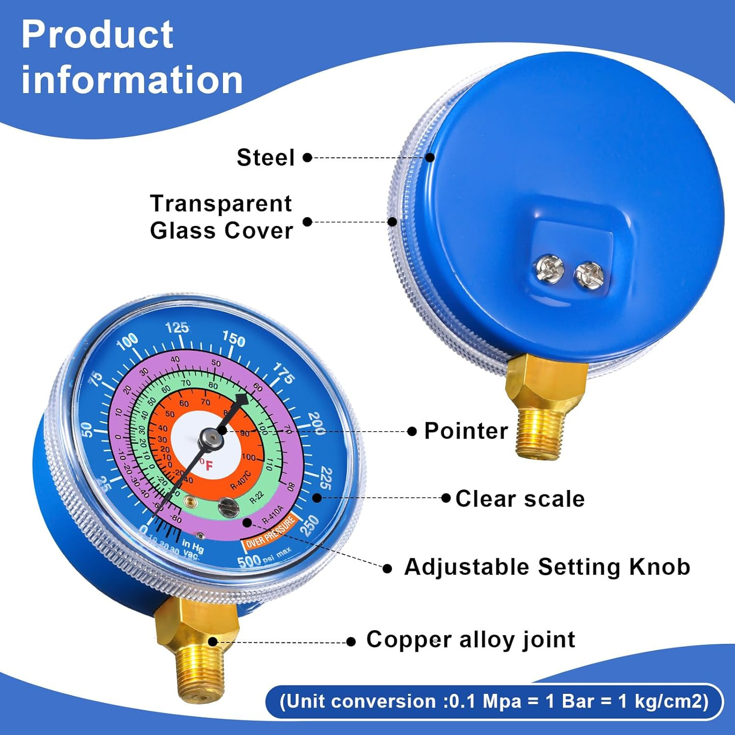 Refrigeration Pressure Gauge Kit R-134a, R-404a, R-2092, R-410a R-134a 0-800psi