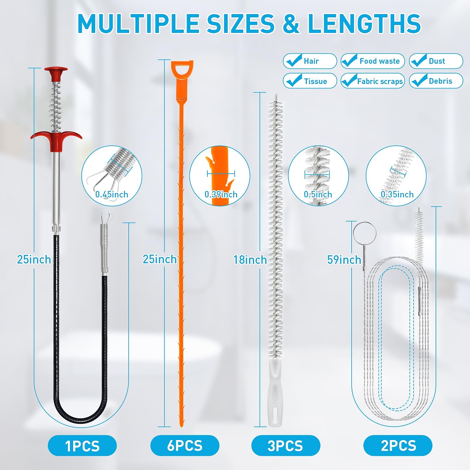 12 Pcs Drain Snake Hair Removal Tool Set 25 Inch and 59 Inch Cleaner