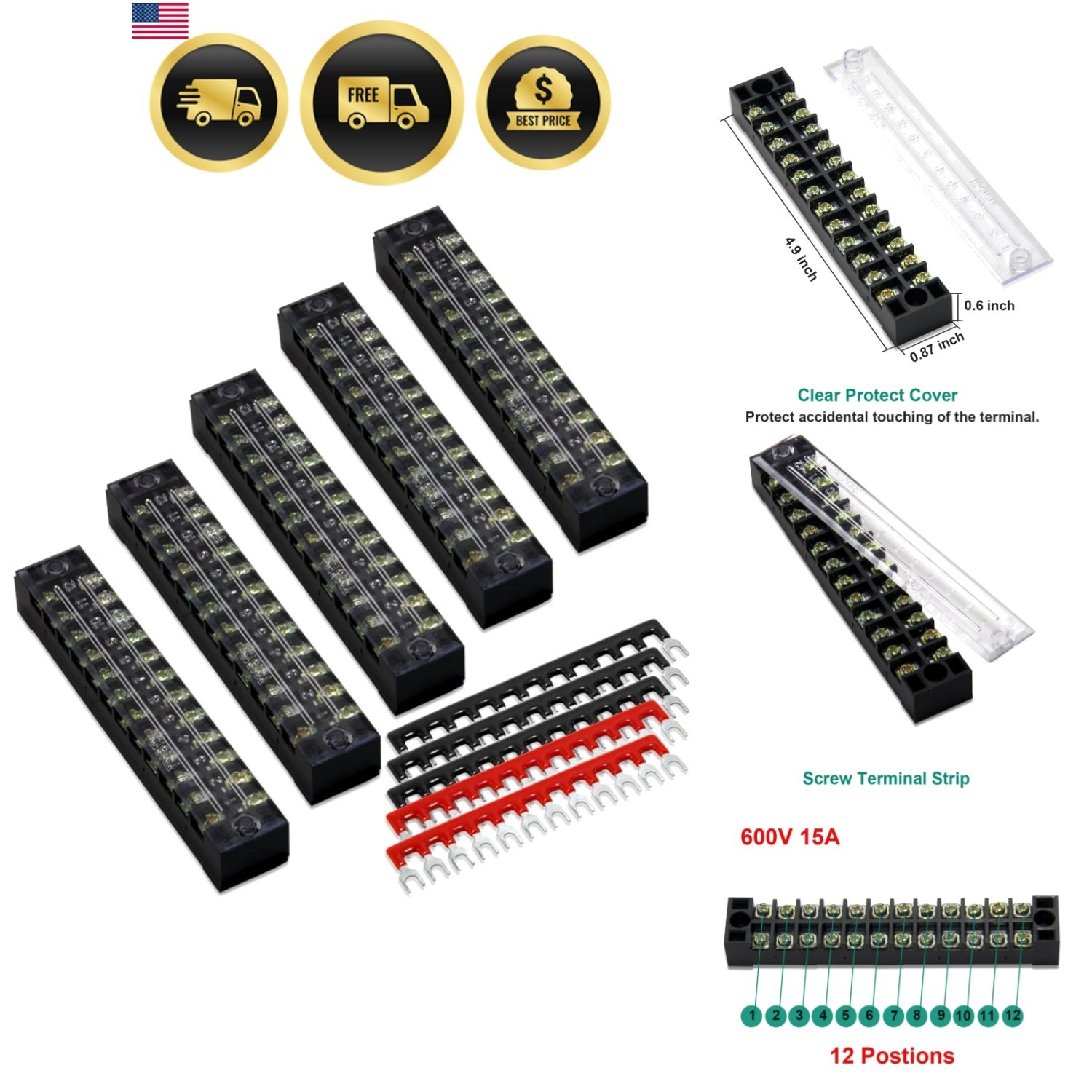 10pcs 5 Sets 12 Positions Dual Row 600V 15A Screw Terminal Strip Blocks with …