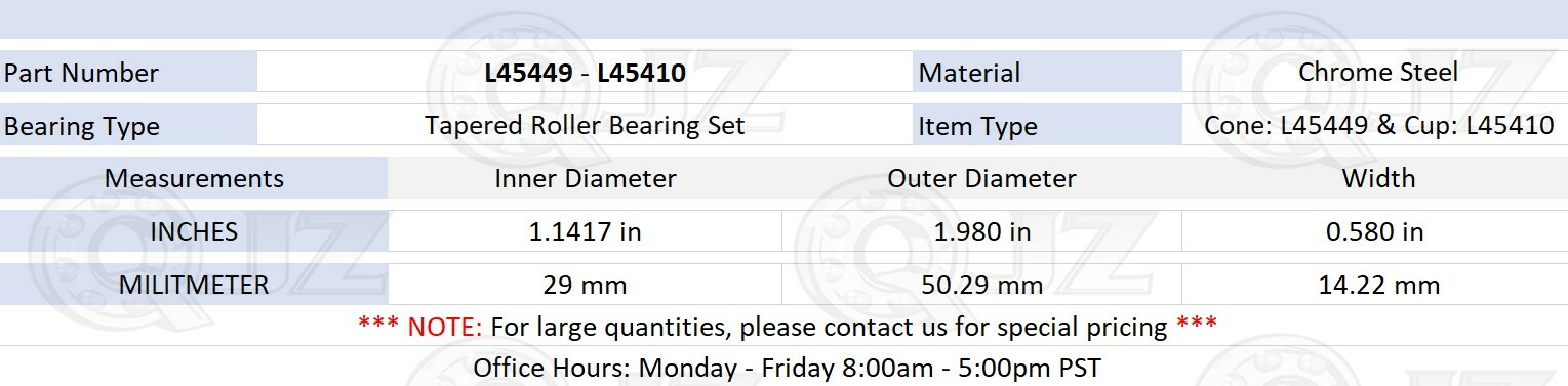 [2 Sets] Cone: L45449 Cup: L45410 Tapered Roller Bearing 1.142″ x 1.98″ x 0.58″