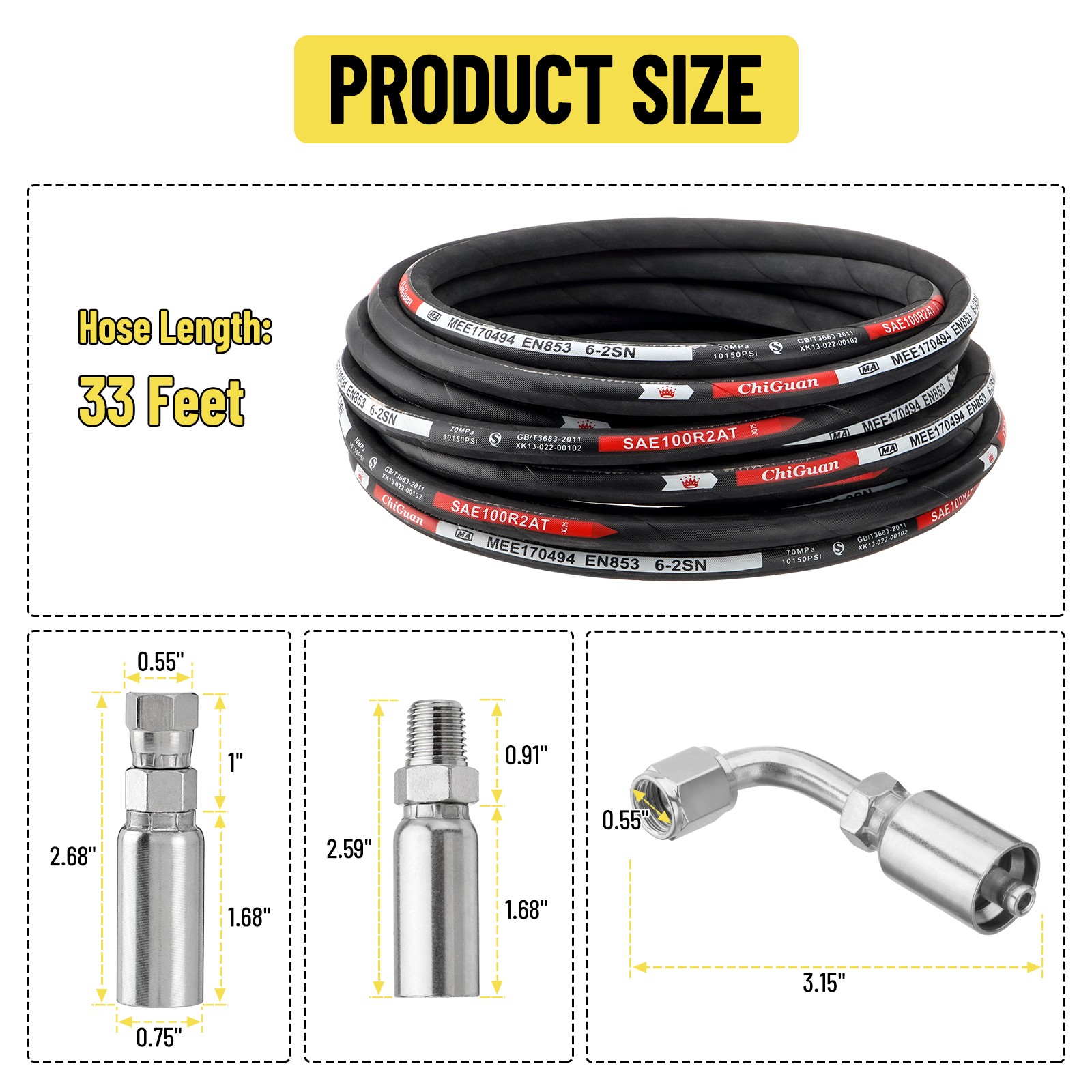 50FT Hydraulic Hose + 16 Fittings Straight & 90° 1/4″ JIC Female & 1/4 NPTF Male