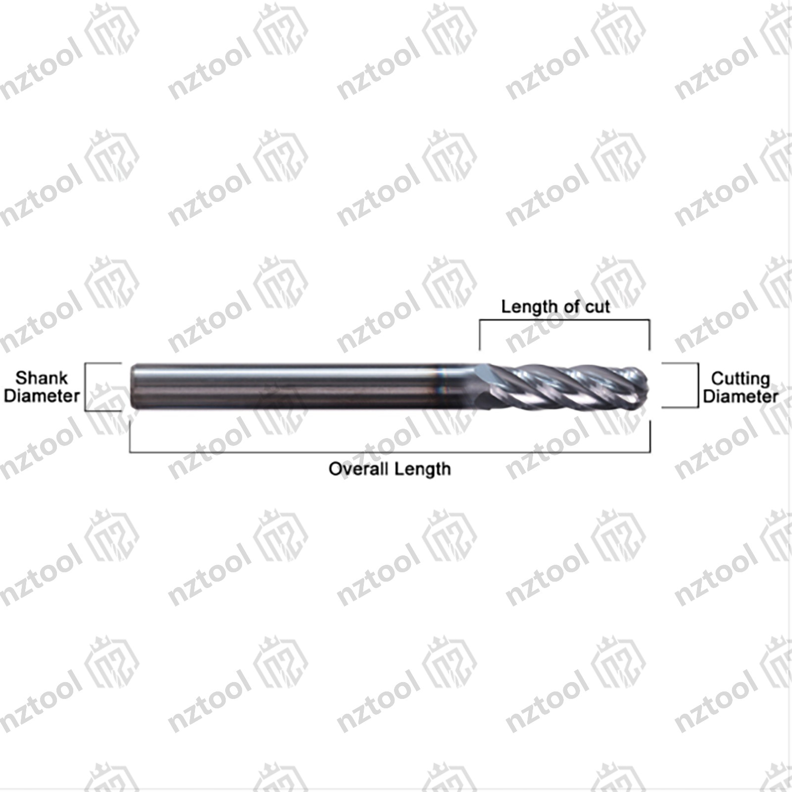 5 PCS 4 Flute 3/16″ x 2″ Overall Length Ball Nose Carbide End Mill AlTiN Coated