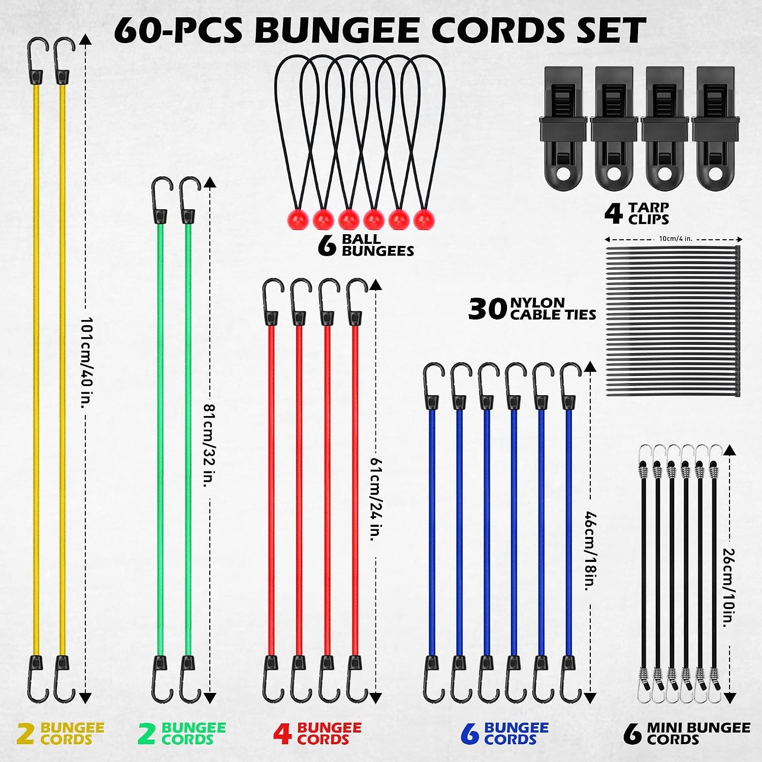 60PCS Bungee Cords Assorted Sizes Heavy Duty Elastic Tie Down Hooks Set