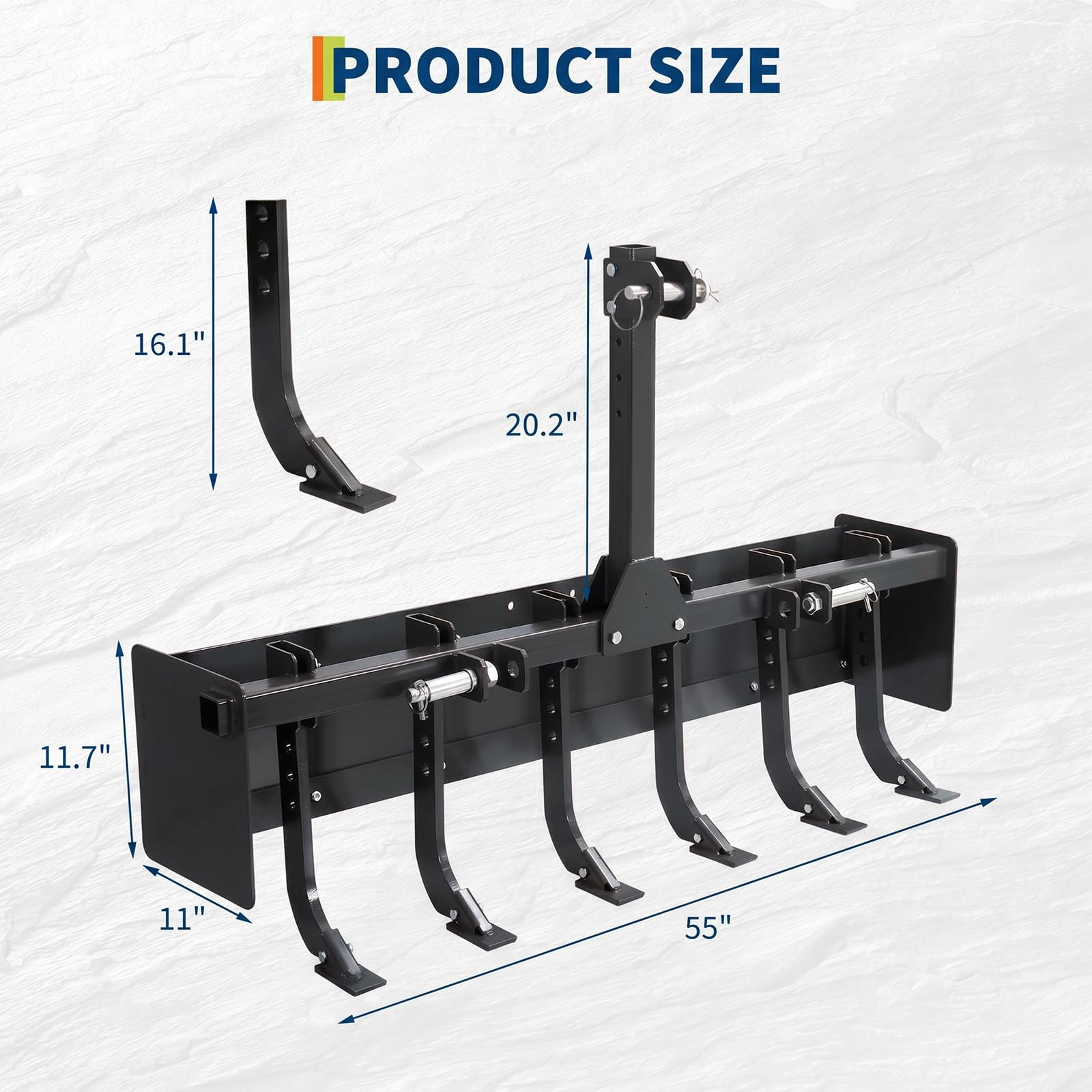 3 Point Hitch 55″Box Blade Scraper W/6 Adjustable Shanks Heavy Duty For Cat 0,1
