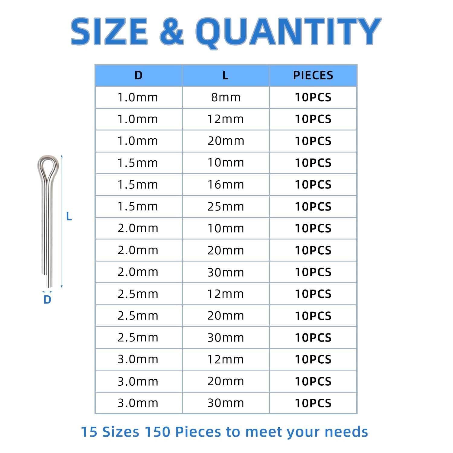 150 Pcs Automotive Cotter Pin 304 Stainless Steel Cotter Pins Assortment Kit …