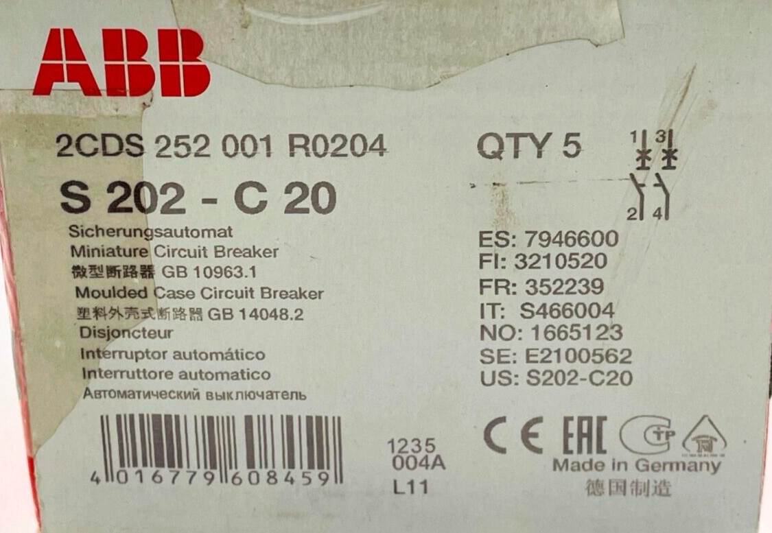 ABB S202-C20 Circuit Breaker 20A 2CDS252001R0204 (5 Pcs In 1 Box)