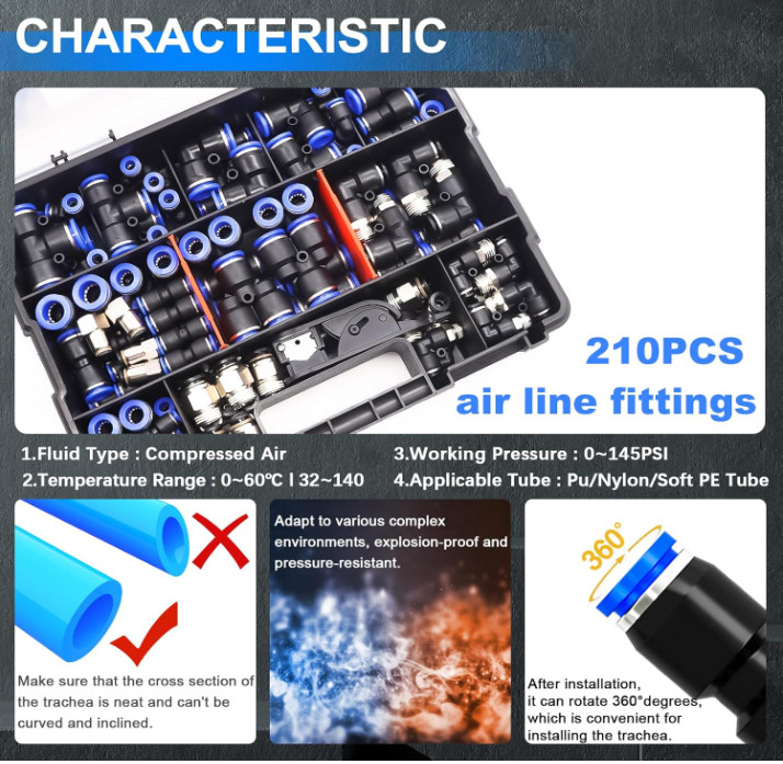 210PCS Air Line Quick Connect Fittings,1/8″,1/4″,5/16″,3/8″,1/2″,4/6/8/10mm