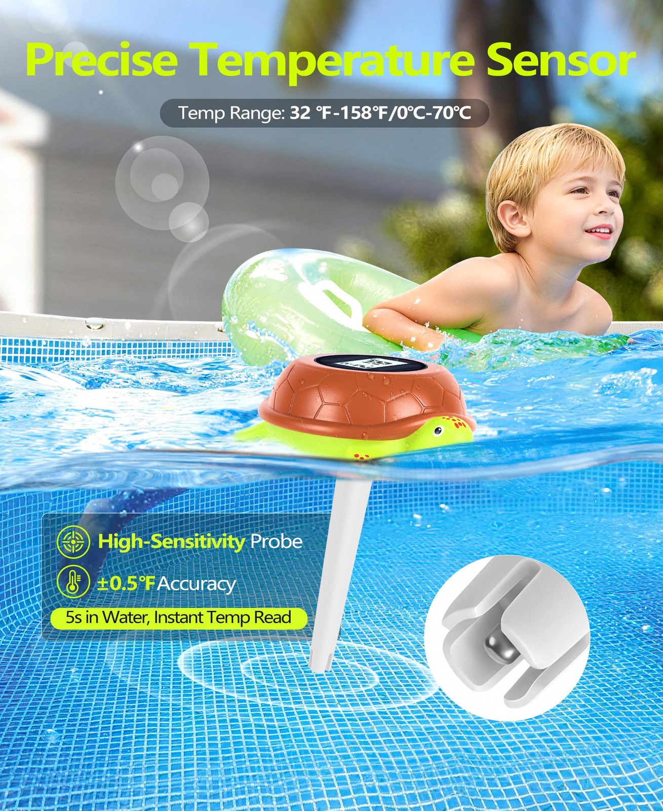 Solar Digital Pool Thermometer with Backlit LCD | ±0.5°F Accuracy, Fast 10s