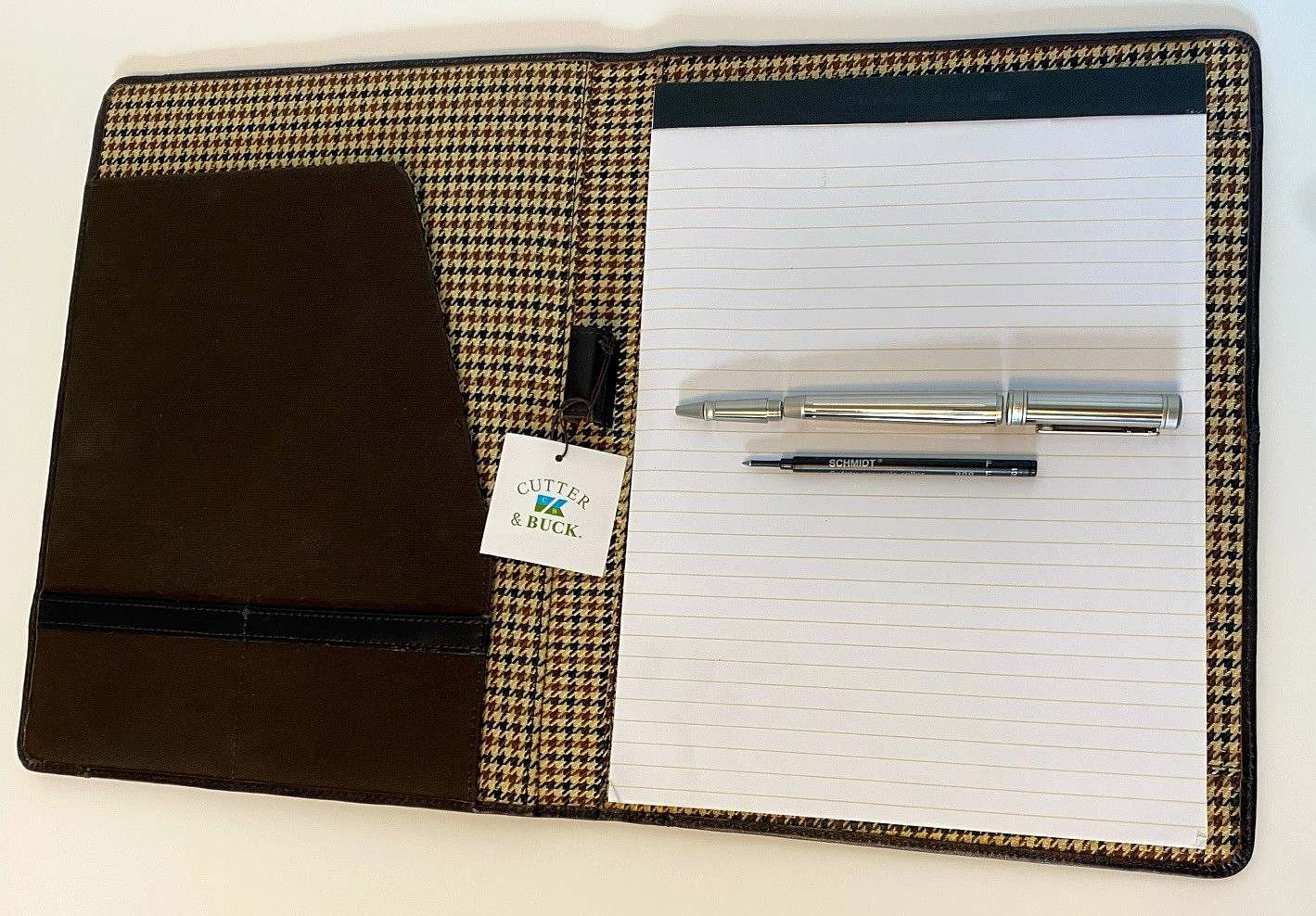 Cutter & Buck Organizer Portfolio w C&B Pen Brown Leather Houndstooth w Box READ