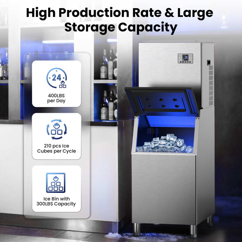 Commercial Ice Maker Machine 550lbs/24h 360LBS Storage Bin 210 Ice in 4-15Min