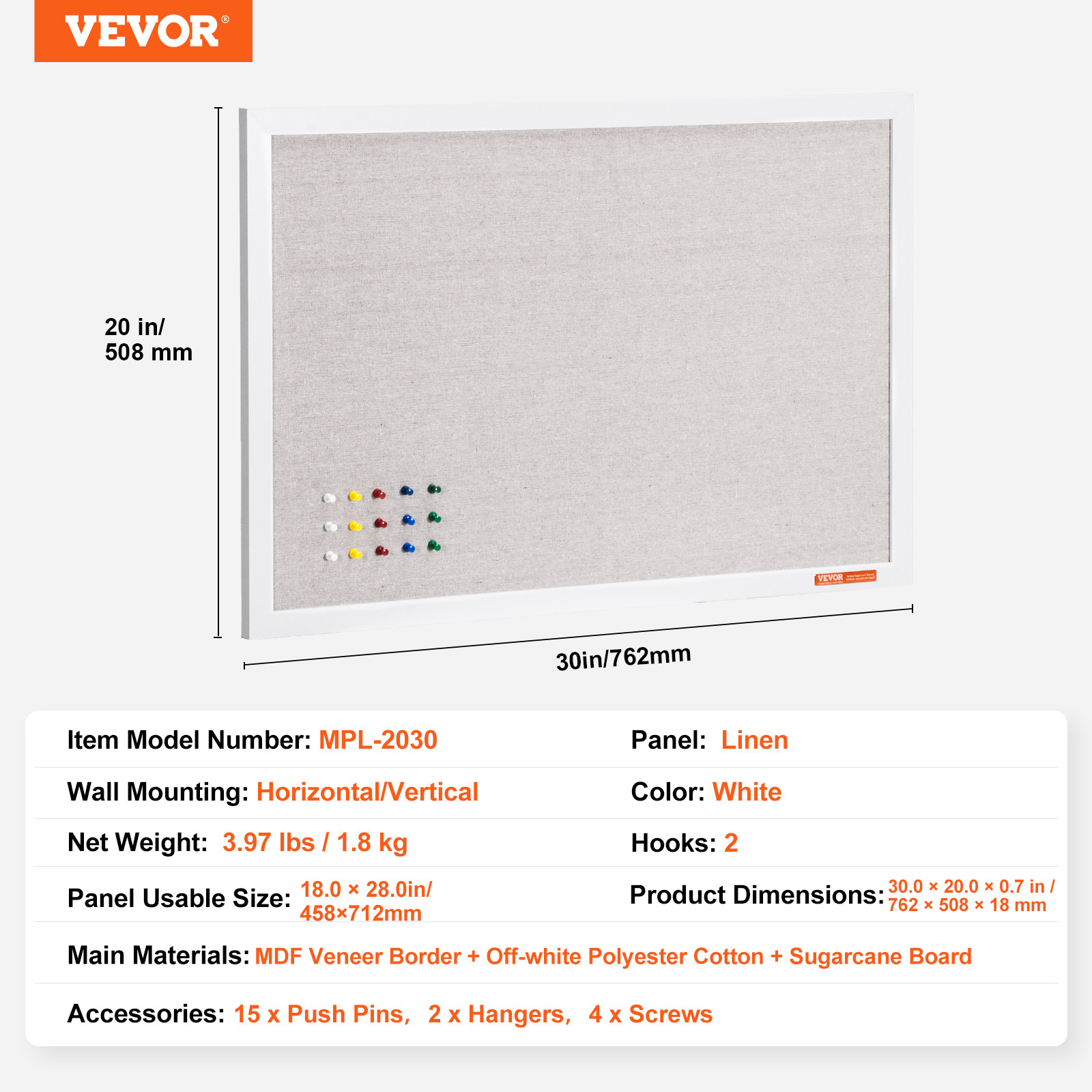 VEVOR 30″x20″ White Cork Board with Linen Surface Wall-Mounted Bulletin Board