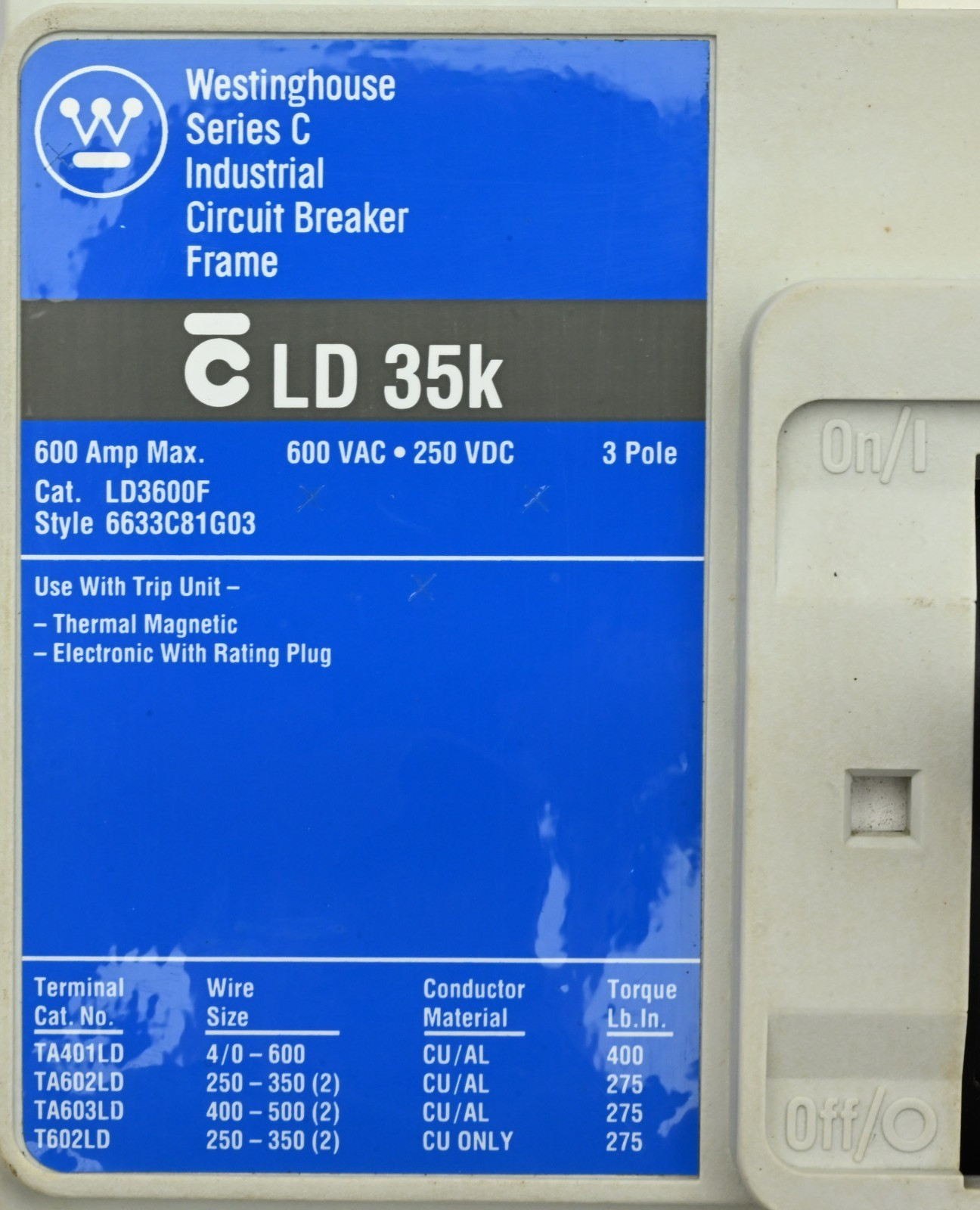 Westinghouse LD3600F Industrial Circuit Breaker 6633C81G03 600A 600VAC/250VDC 3P