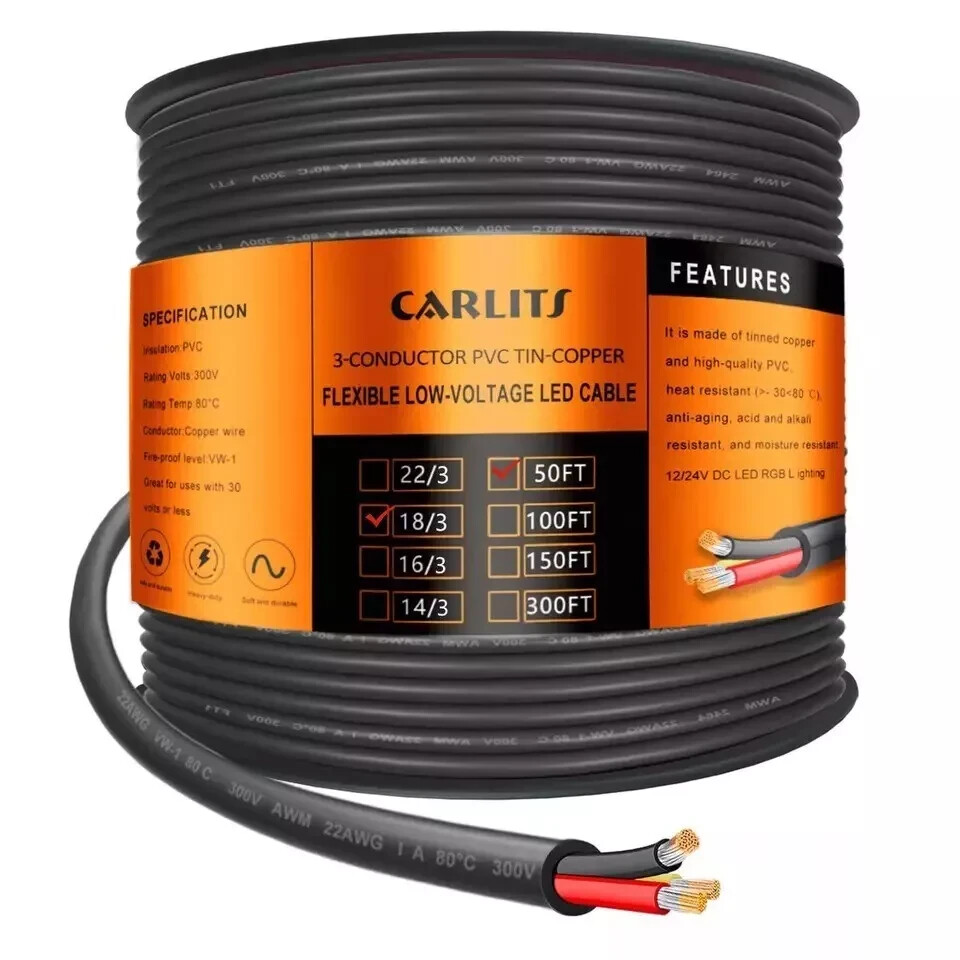 18 Gauge 3 Conductor Electrical Wire, 50FT Black Stranded Low Voltage 18/3 Cable