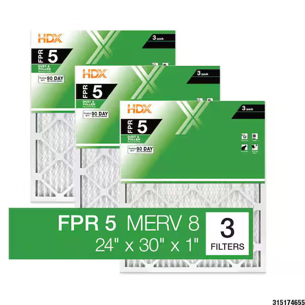 24 in. x 30 in. x 1 in. Standard Pleated Furnace Air Filter FPR 5, MERV 8 (3-Pac