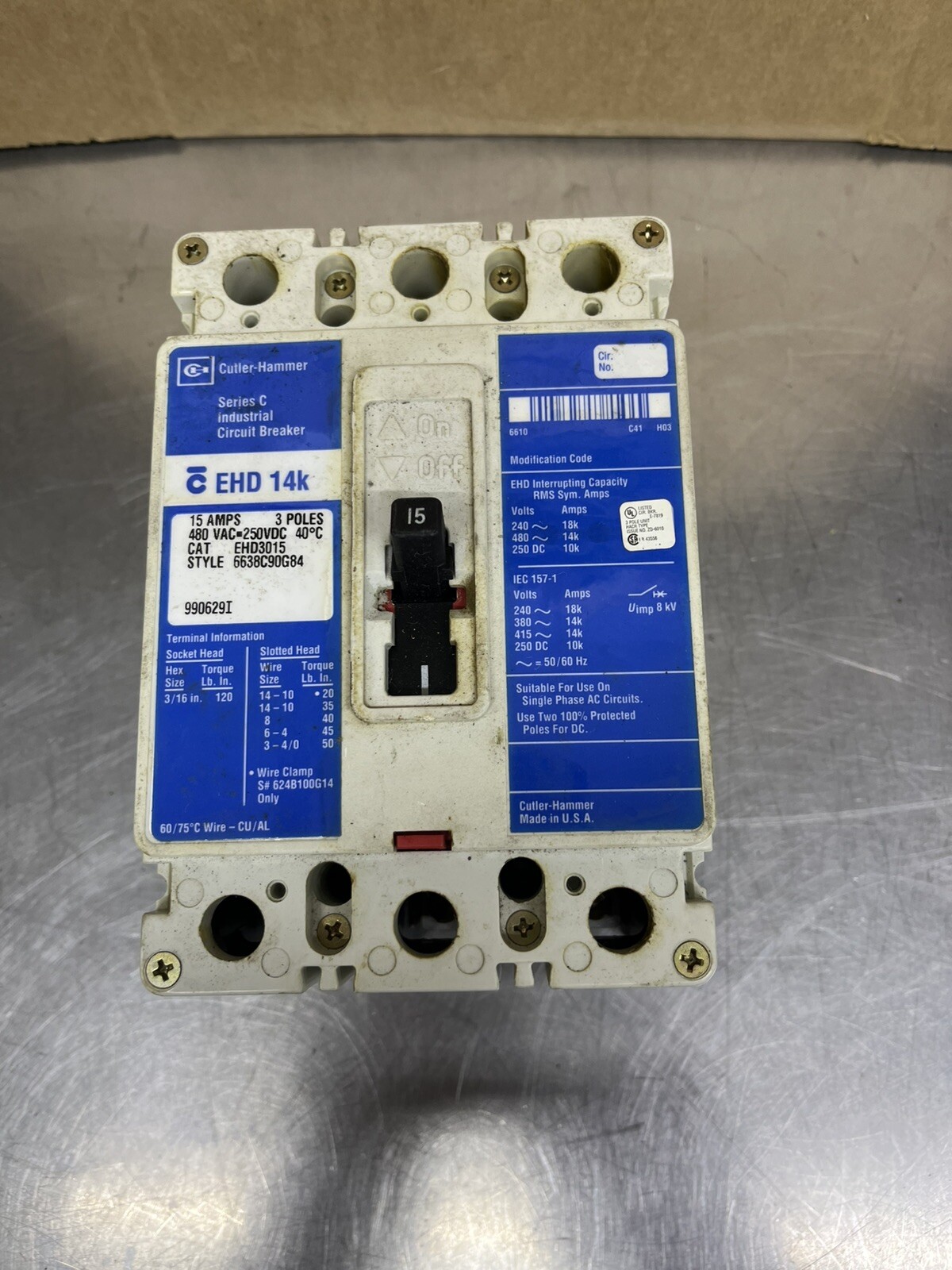 Cutler Hammer EHD3015 3 Pole Industrial Breaker 15 Amp 480V EHD 14K Made In USA