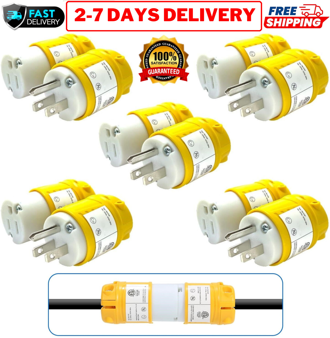 Male & Female Extension Cord End Plugs 15Amp 125V Electrical Connectors 3 Wires