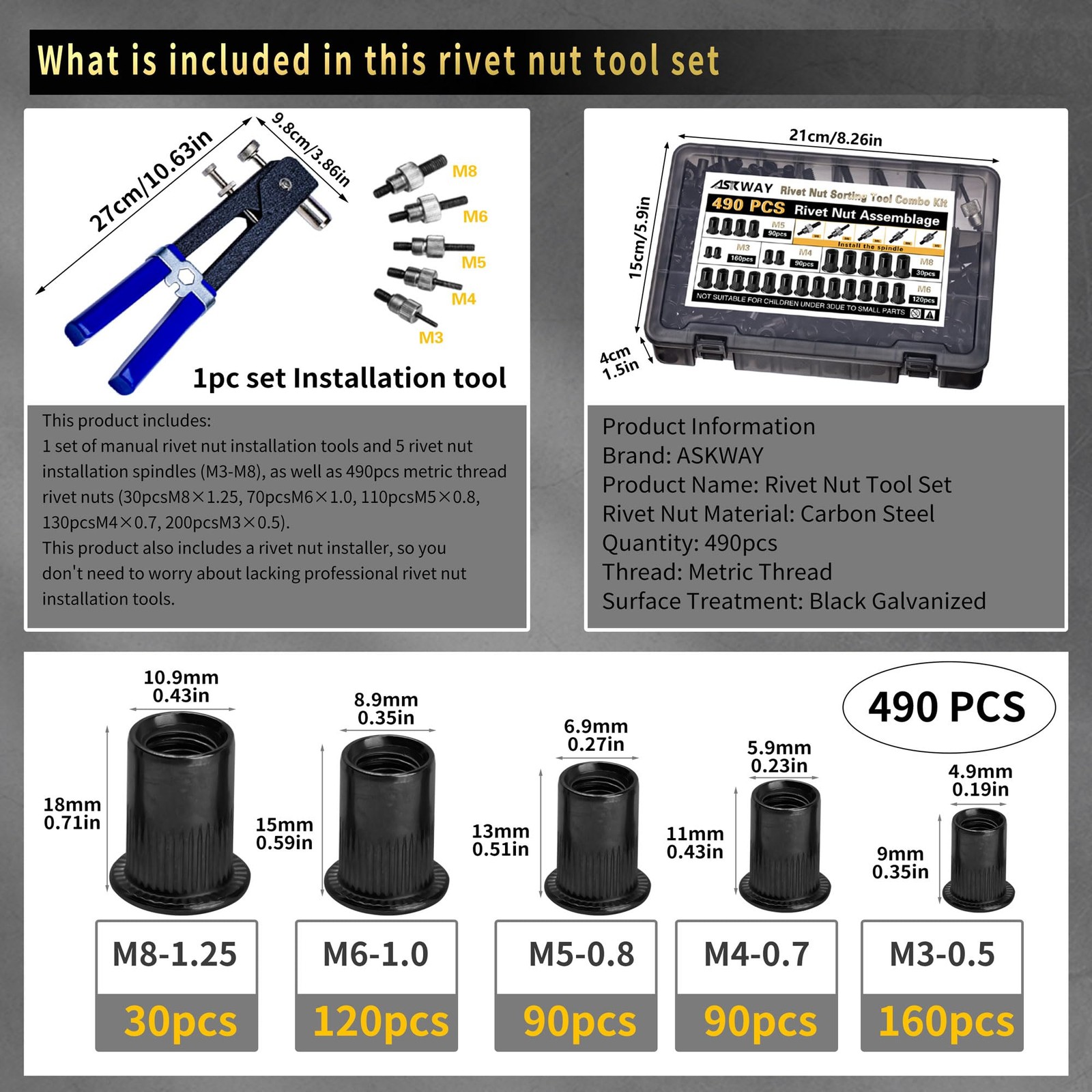 Rivet Nut Tool Kit 490Pcs Black Metric M8 M6 M5 M4 M3 For Automotive Marine Indu