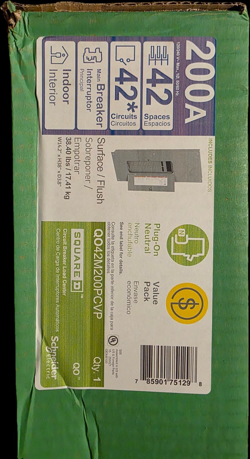 Square D QO Series Load Center Main Breaker 200-Amp 42-Space 42-Circuit Plug-On
