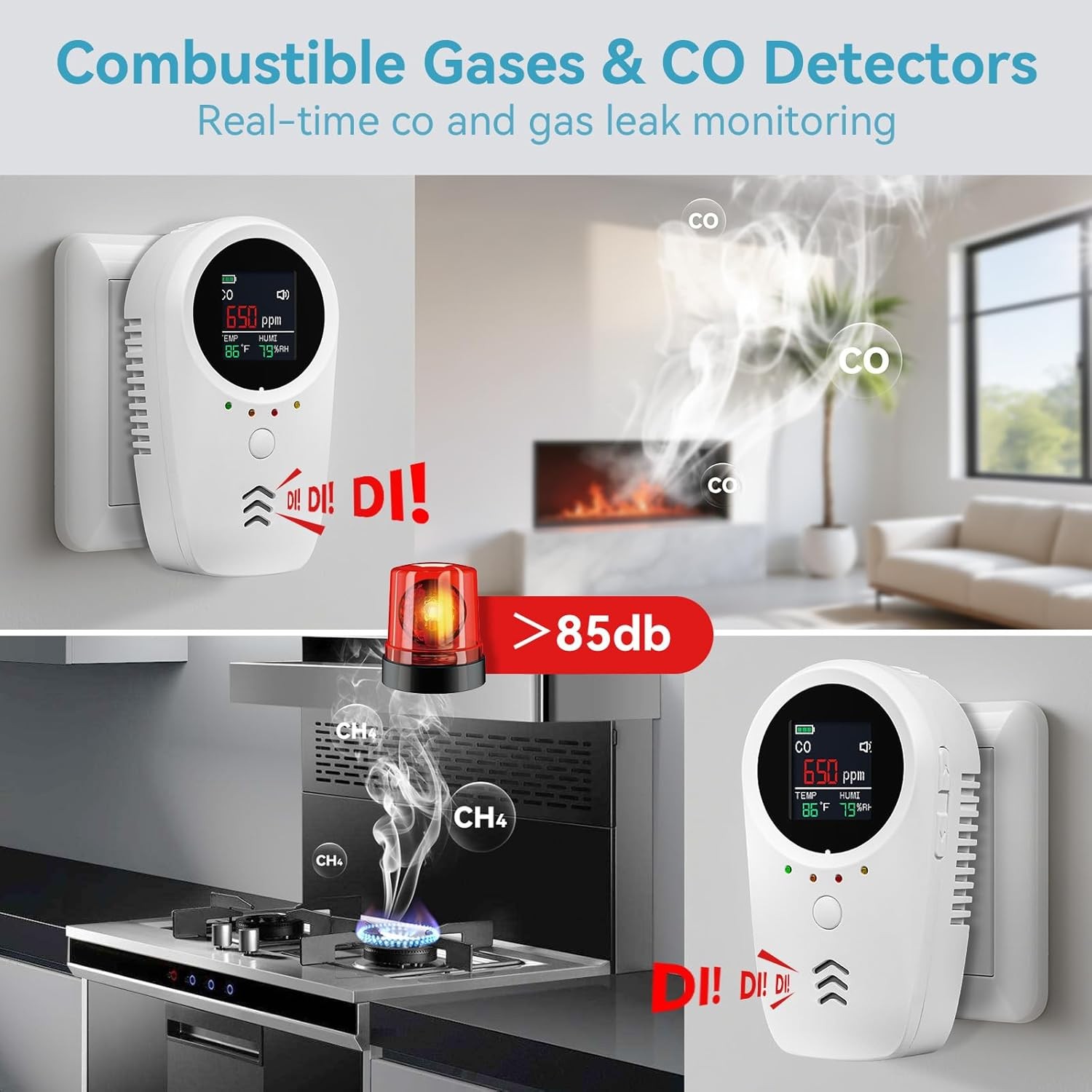 5-in-1 Carbon Monoxide Detector Warning Alarm Sensor LED Digital Gas Detector US