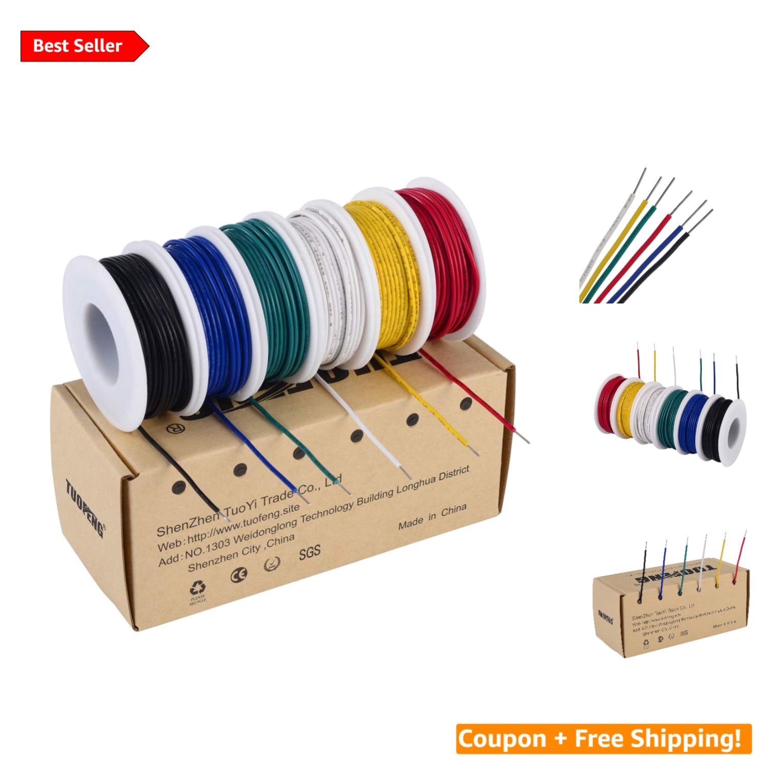 22 AWG Solid Core Hookup Wire – 6 Colors x 30ft Durable PVC Insulated Wires