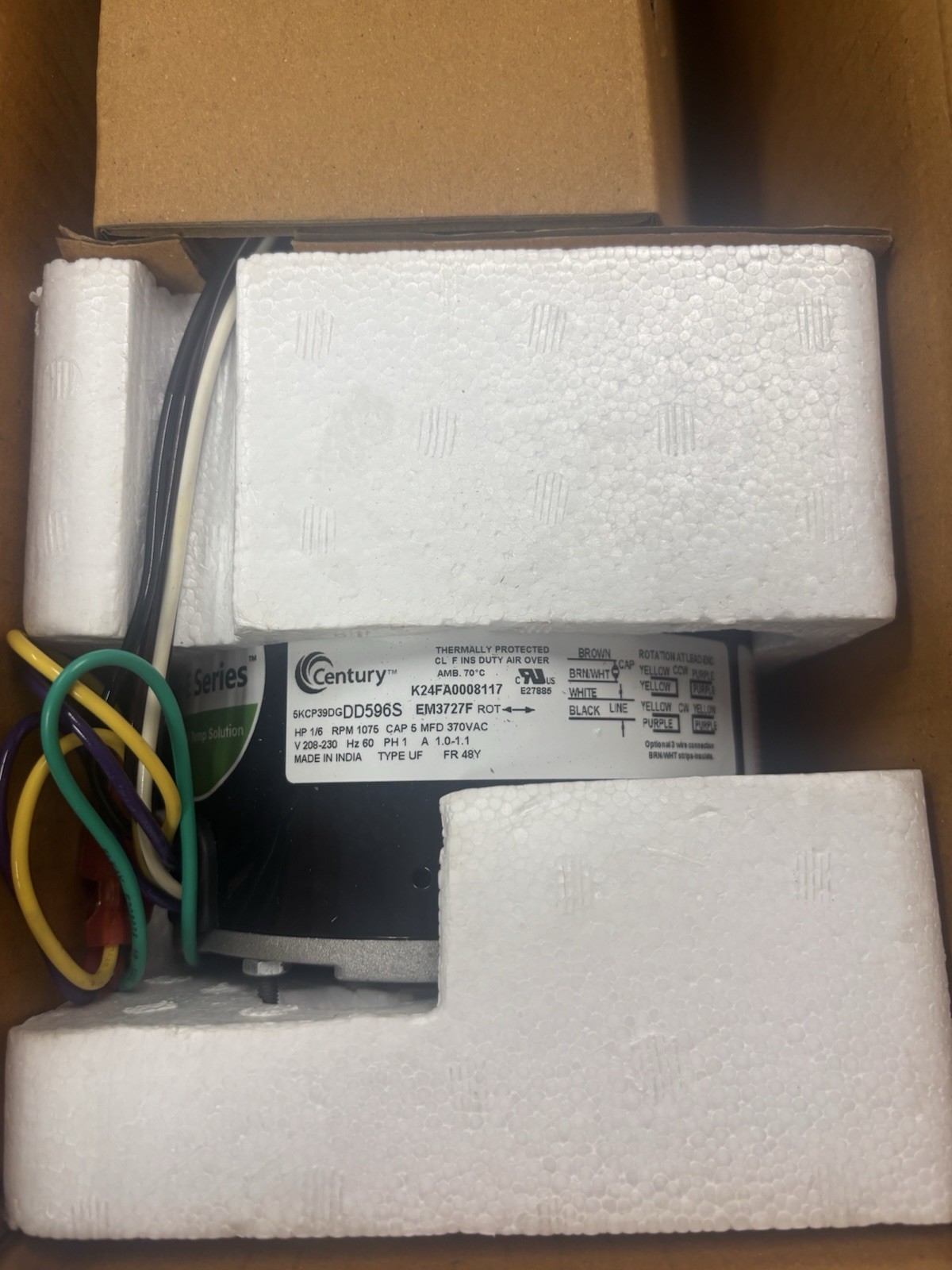 Century Pro-E PSC Condenser Fan Motor EM3727F 1/6HP 1075RPM 208-230V