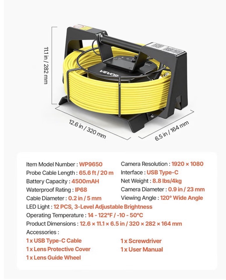 VEVOR Sewer Camera with WiFi 98.4ft/30m IP68 Drain Pipeline Camera 12 LED Lights