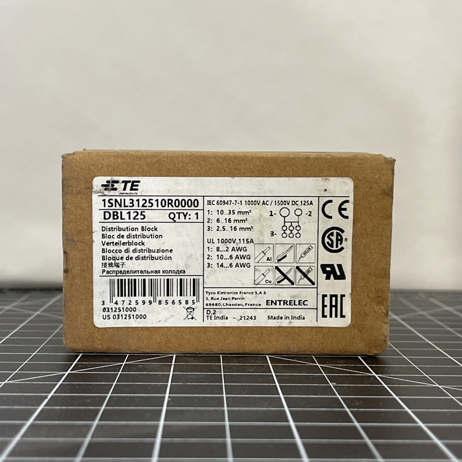 TE Connectivity Entrelec DBL125 1SNL312510R0000 Power Distribution Block 125A