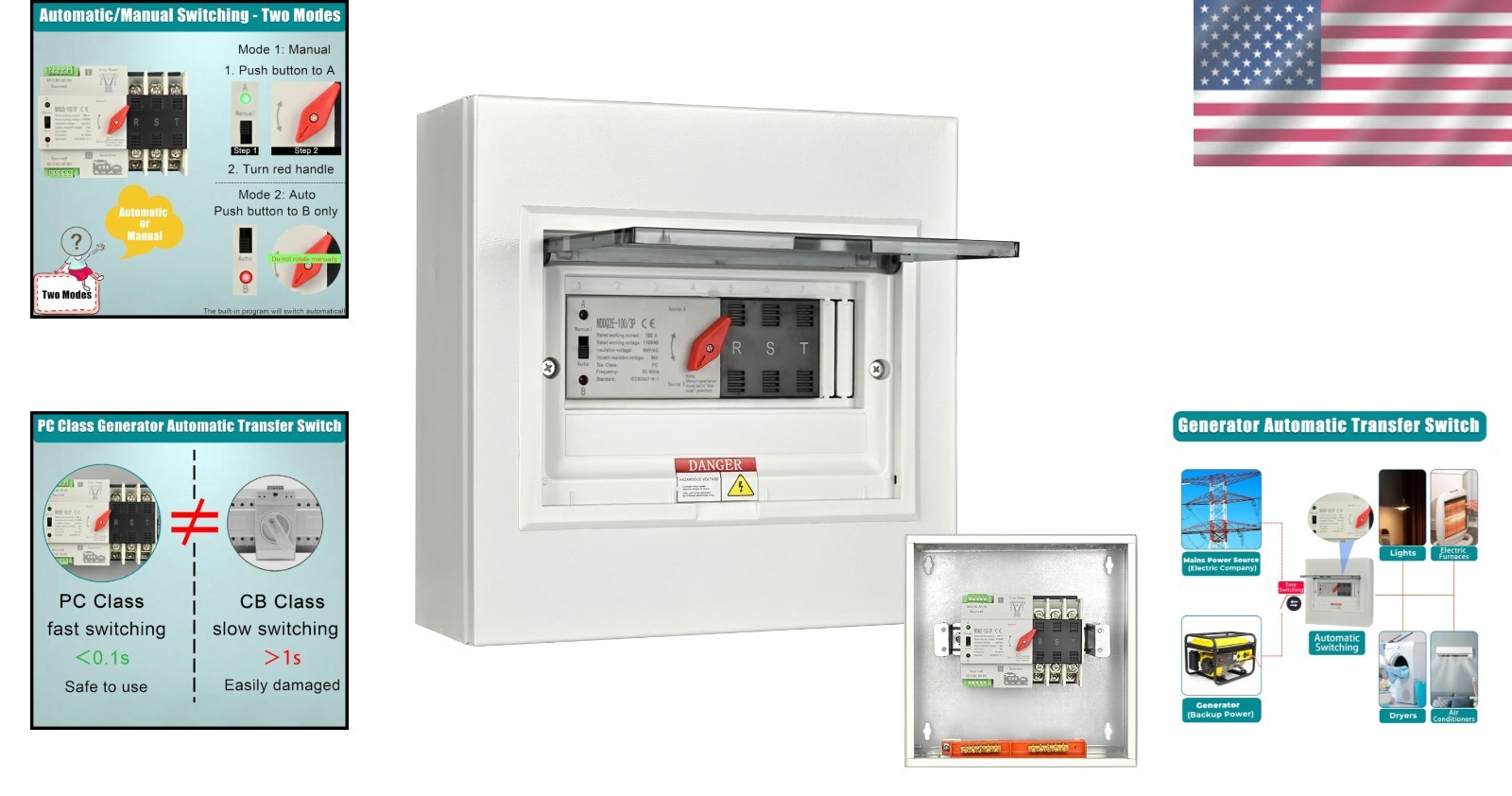 Automatic Transfer Switch 100 Amp 3 Pole for Home Generator 240V 24,000W