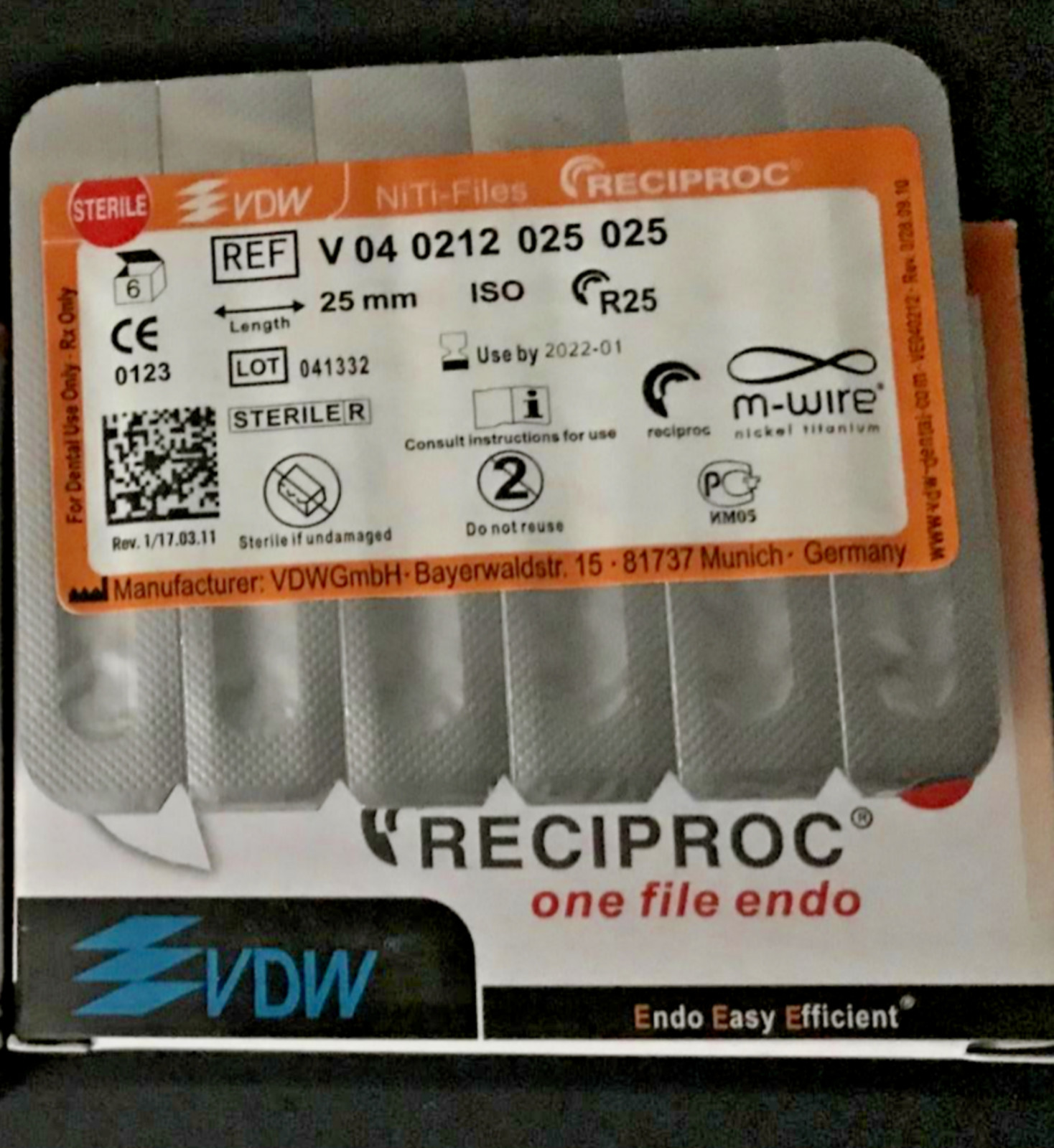 VDW RECIPROC Sterille File Endo M-WIRE 21mm R25 6pcs/Pack NiTi-Files