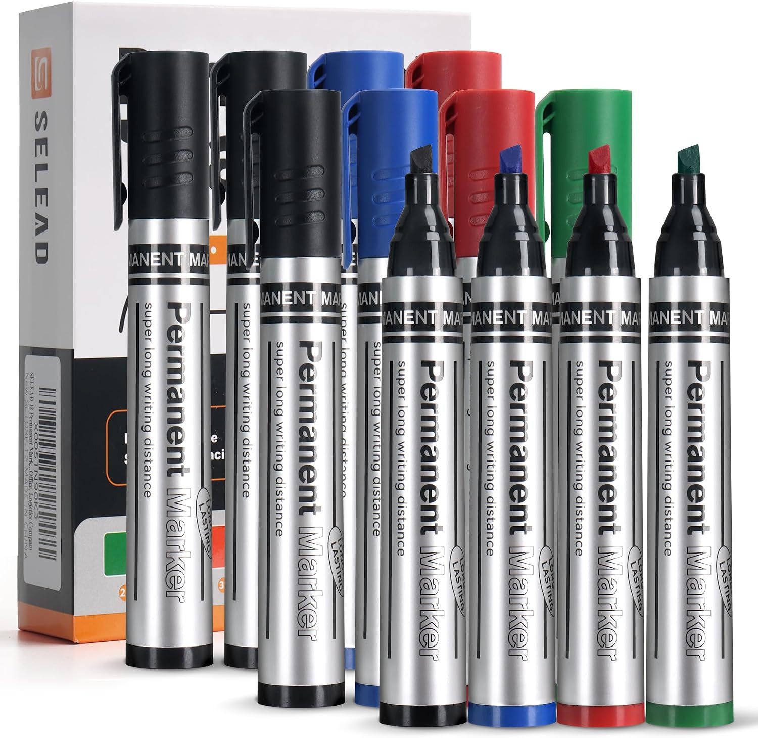 Large Permanent Markers Black Red Blue Green – 12 Pack Chisel Tip Waterproof Qui