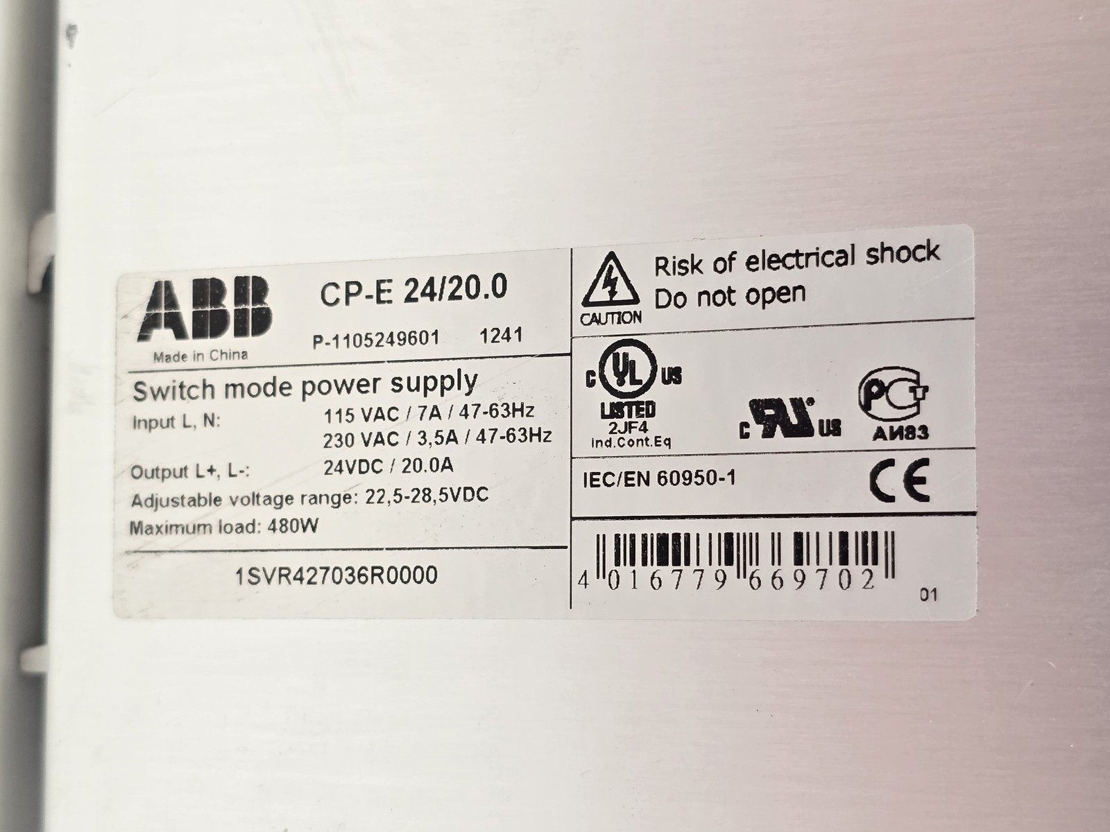 ABB Switch Mode Power Supply CP-E 24/20.0 480 W Rated Output 22.5-28.5 VDC