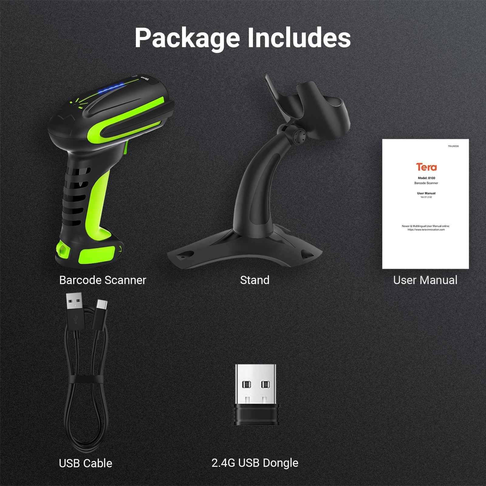 Tera 8100Pro Wireless 2D QR Barcode Scanner with Stand Green – 2500mAh