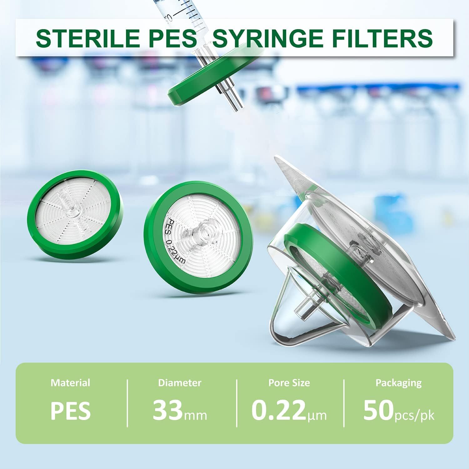 50 Pack Sterile Syringe Filter 33mm 0.22 Micron PES Membrane Hydrophilic Filter