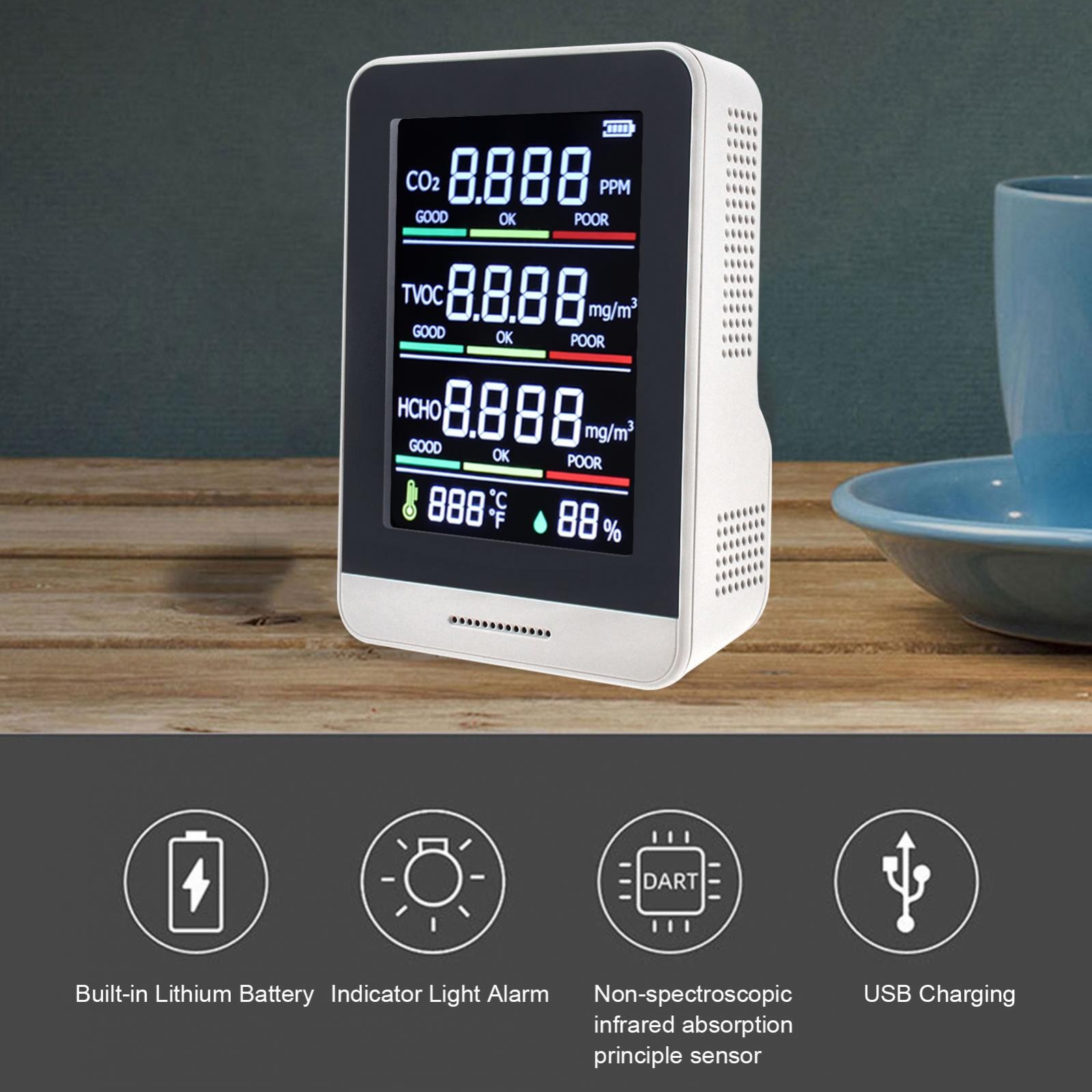 New 5 In 1 Air Monitor CO2 HCHO TVOC Portable Gas Analyzer Infrared Temperature