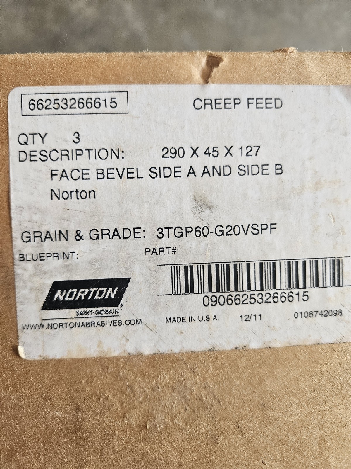 Norton Abrasives 3TGP60-G20VSPF Grinding Wheels Set of 3 290x45x127 Bevel Edge