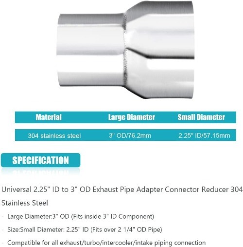 2.25″ ID to 3″ OD Exhaust Pipe Adapter Connector Reducer 304 Stainless Steel 2.2