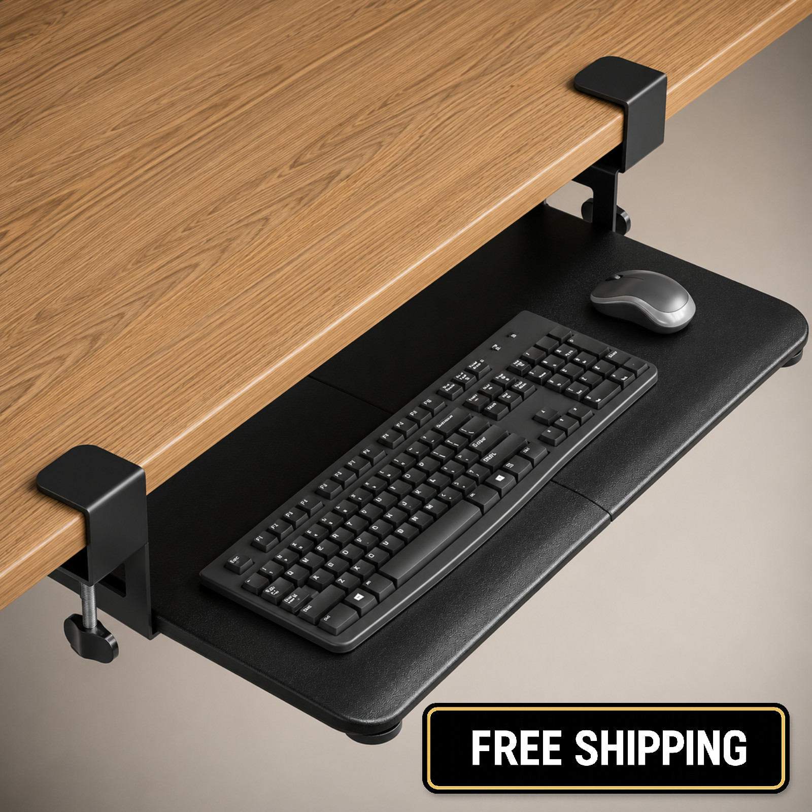 BONTEC Under Desk Keyboard Tray 25.6×11.8in Pull Out Drawer C-Clamp Mount Black