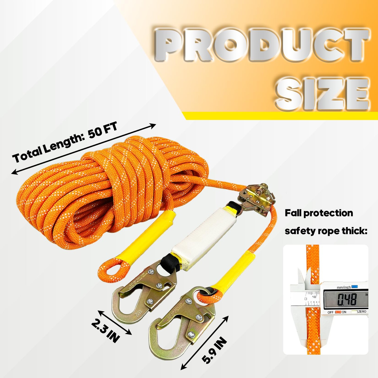 Fall Protection Safety Rope 50FT Heavy Duty Vertical Roofing Ropes Alloy Steel